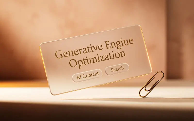 A warm-toned 3D render of a translucent interface plate labelled Generative Engine Optimization, with two soft buttons reading AI Content and Search, and a paper clip resting on a peach-toned desk