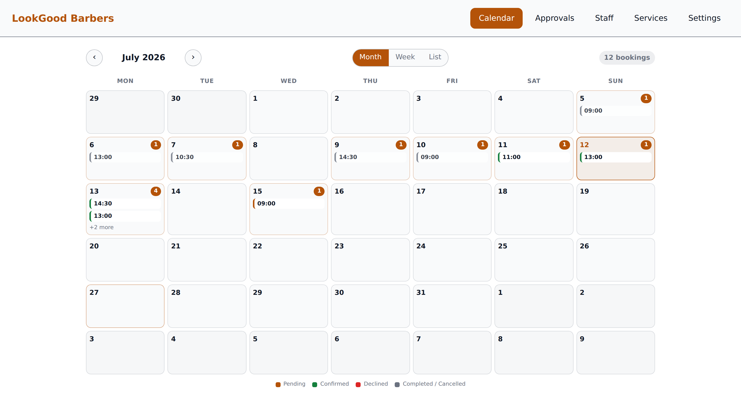 The BookingAbang owner dashboard: a month calendar of bookings across staff, with Approvals, Staff, Services and Settings tabs.