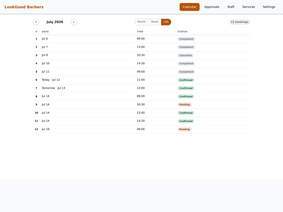 BookingAbang dashboard, List view: every booking in a simple table with date, time, and status.