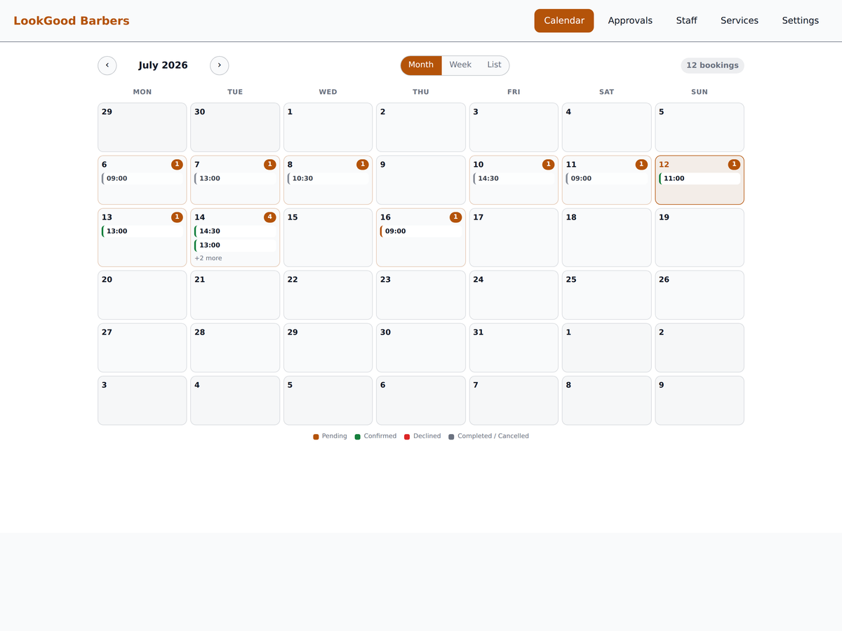 BookingAbang dashboard, Month view: a calendar grid of bookings across the month.