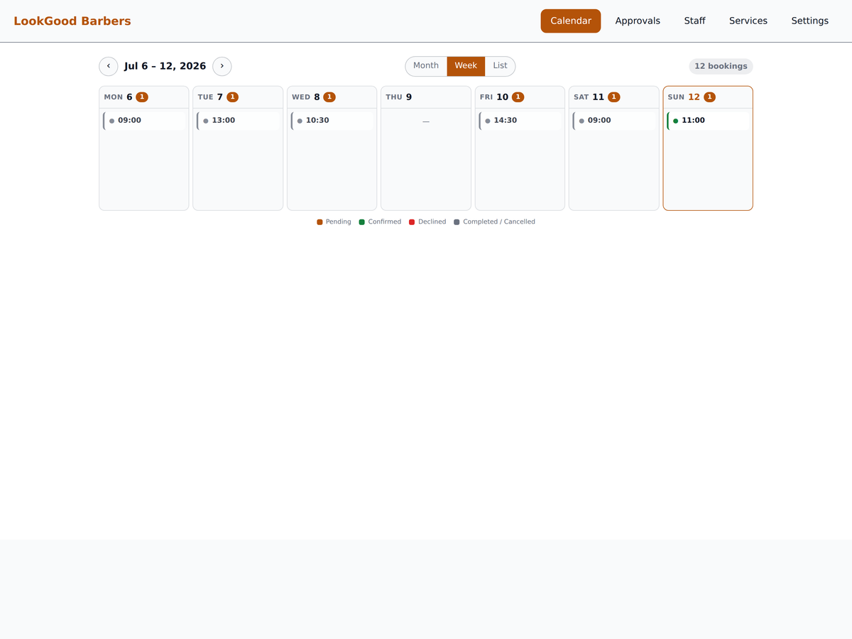 BookingAbang dashboard, Week view: each day of the week with its bookings listed underneath.