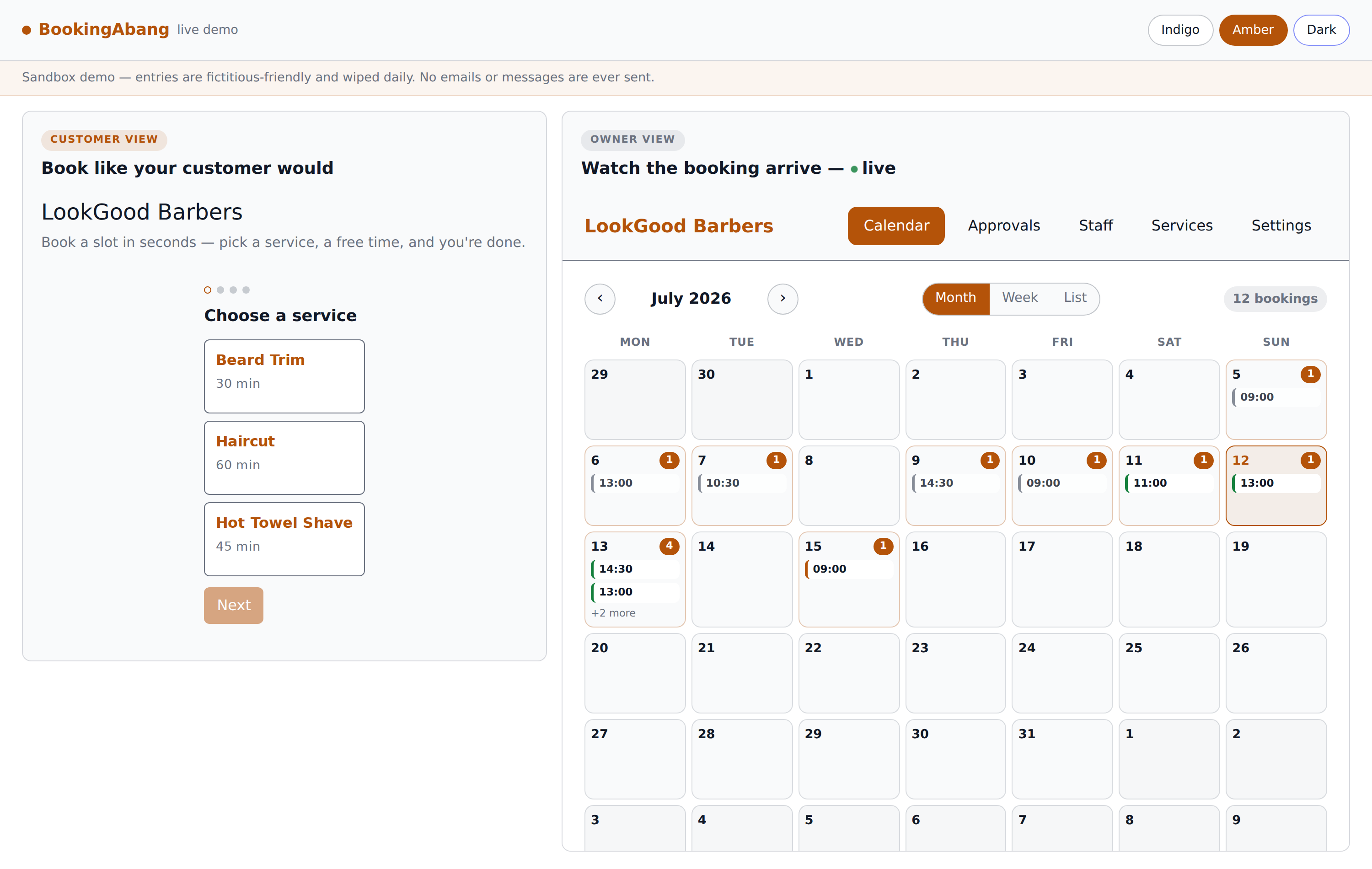 The BookingAbang live demo split-screen: the customer booking view and the owner dashboard side by side, both re-themed to the business's brand with one click.