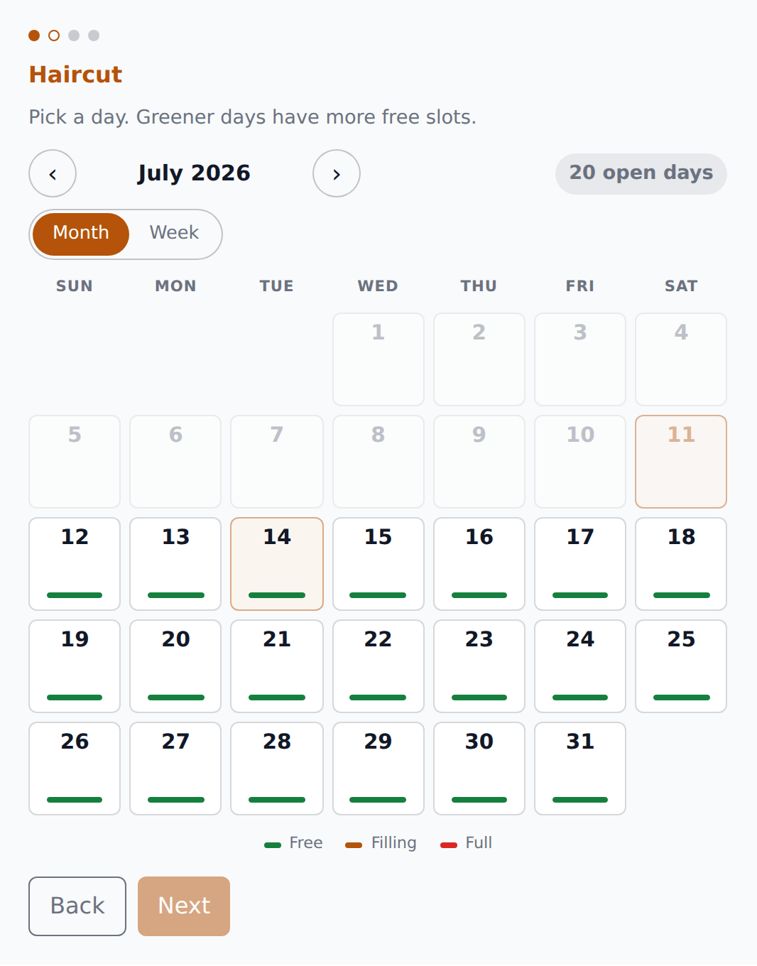 The BookingAbang widget: a customer picking a day for a haircut on a month calendar where greener days have more free slots.