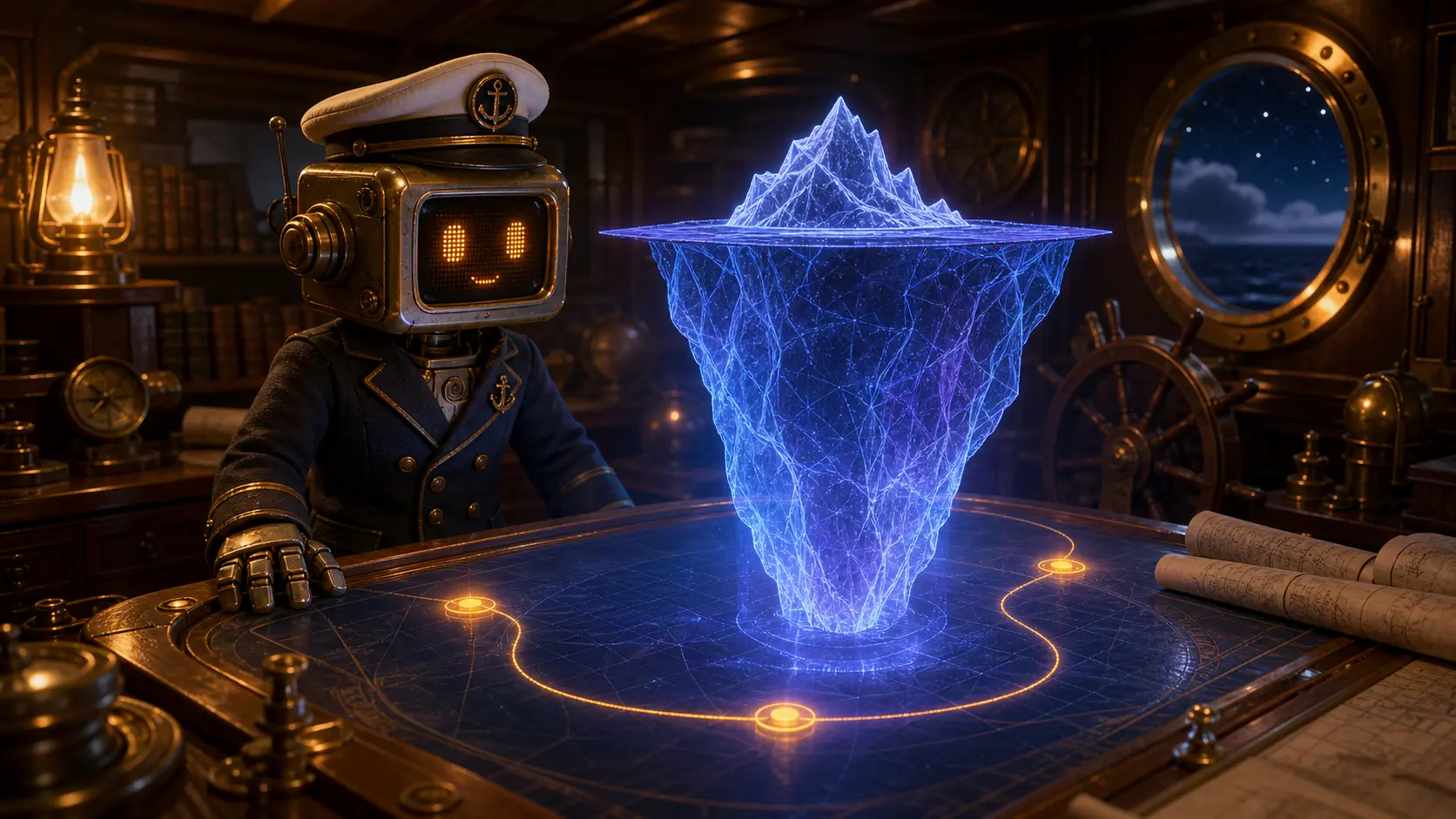 A robot ship captain in a chart room studies a glowing holographic model of a full iceberg with a route plotted around it through three waypoints