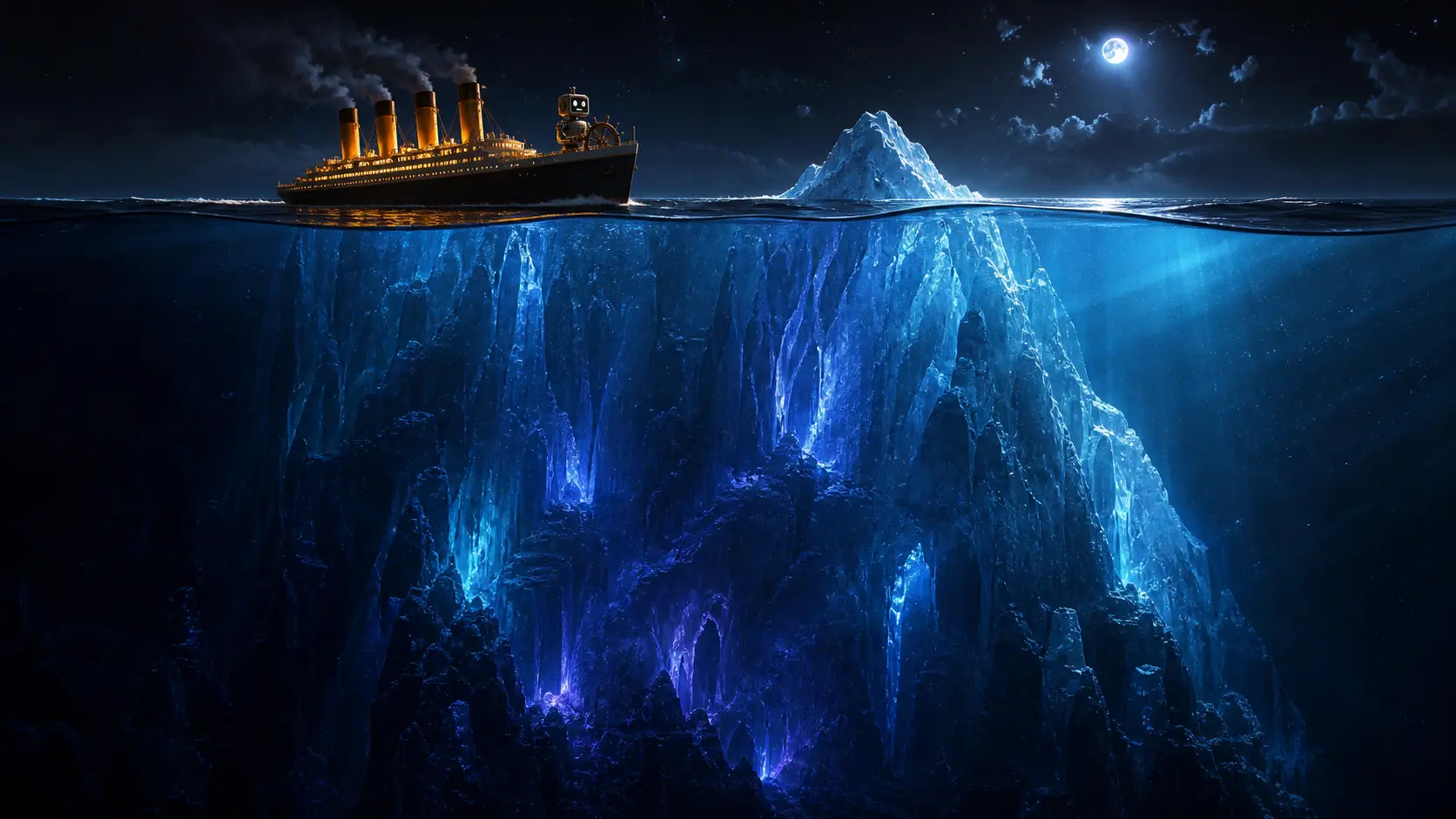 A small brightly lit ocean liner steered by a robot captain heads toward a modest iceberg tip at night while the iceberg's massive underwater bulk looms beneath the waterline