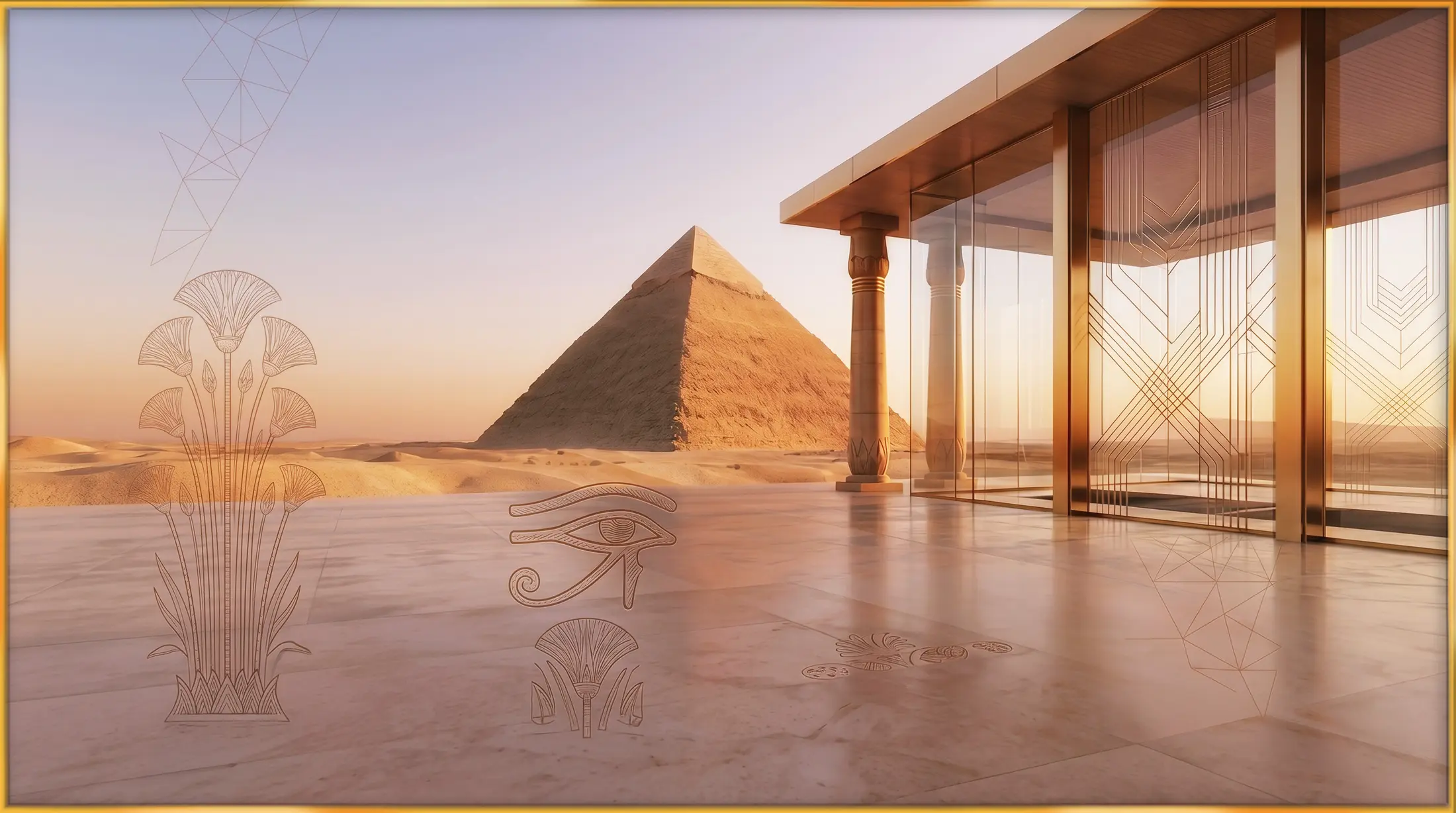 A modern glass-and-stone pavilion overlooking the Pyramid of Khafre at golden hour