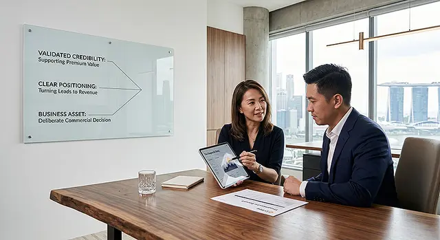 Two colleagues reviewing a strategy presentation on a tablet in a meeting room, with a wall display reading Validated Credibility, Clear Positioning, Business Asset