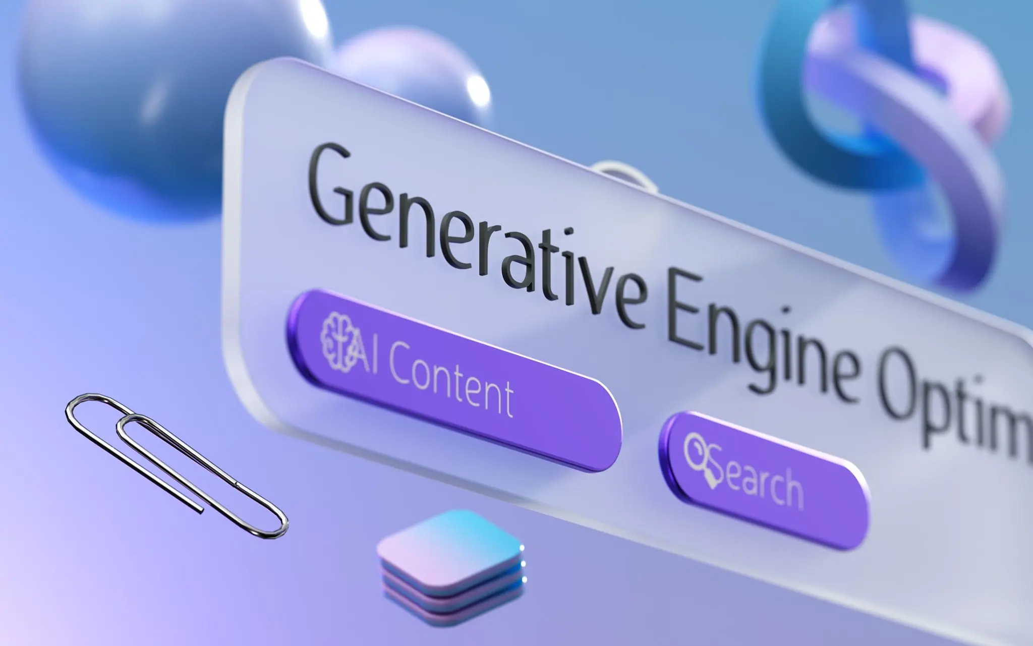 A modern, minimalist 3D glass graphic showing a clean digital interface plate with the text Generative Engine Optimization alongside stylized elements for AI Content and Search