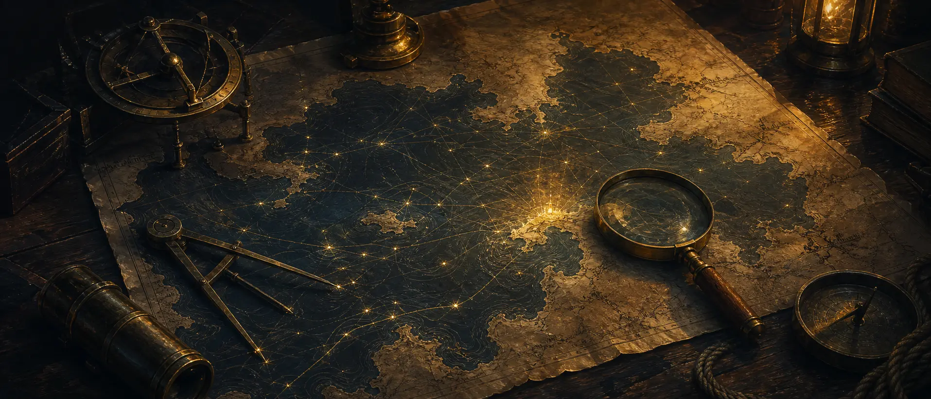 Brass navigation instruments over an antique sea chart, with one harbor glowing brighter than the rest