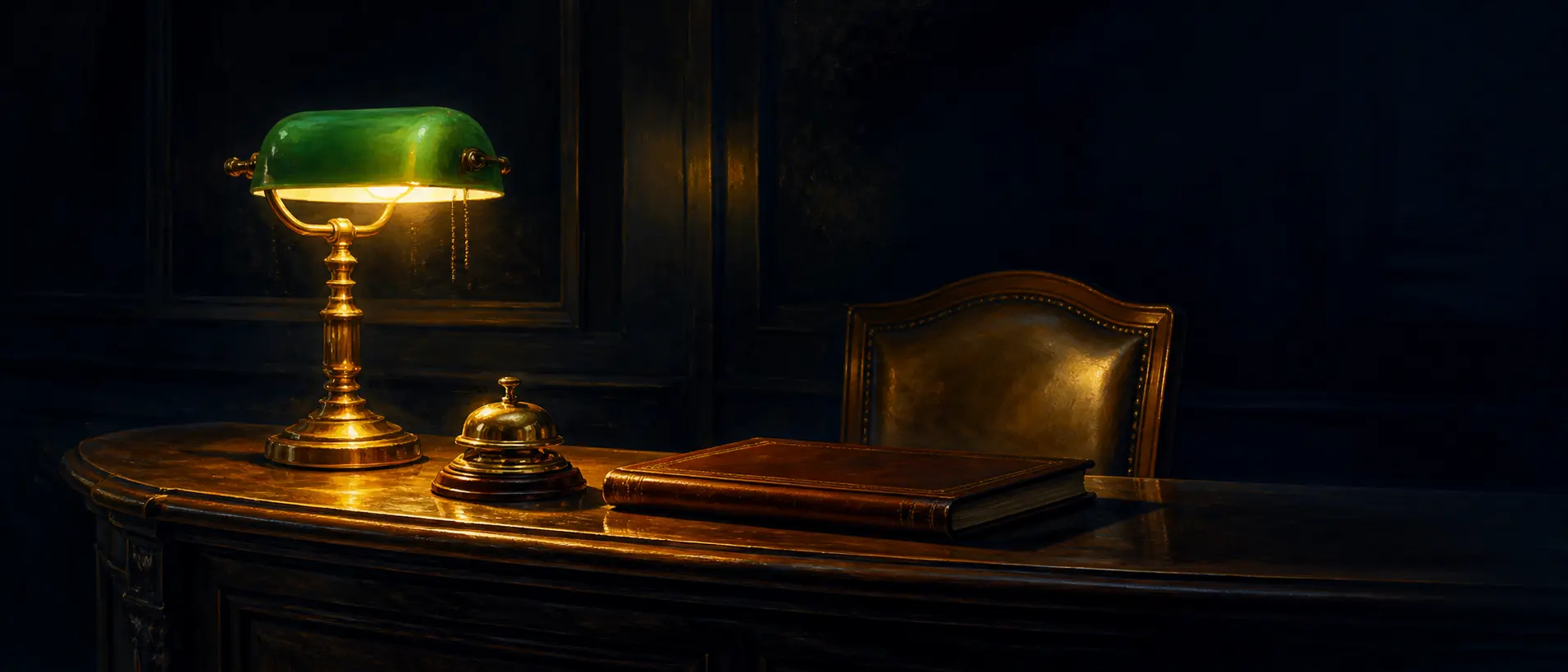 A lamplit reception desk with a brass bell and register, ready through the night