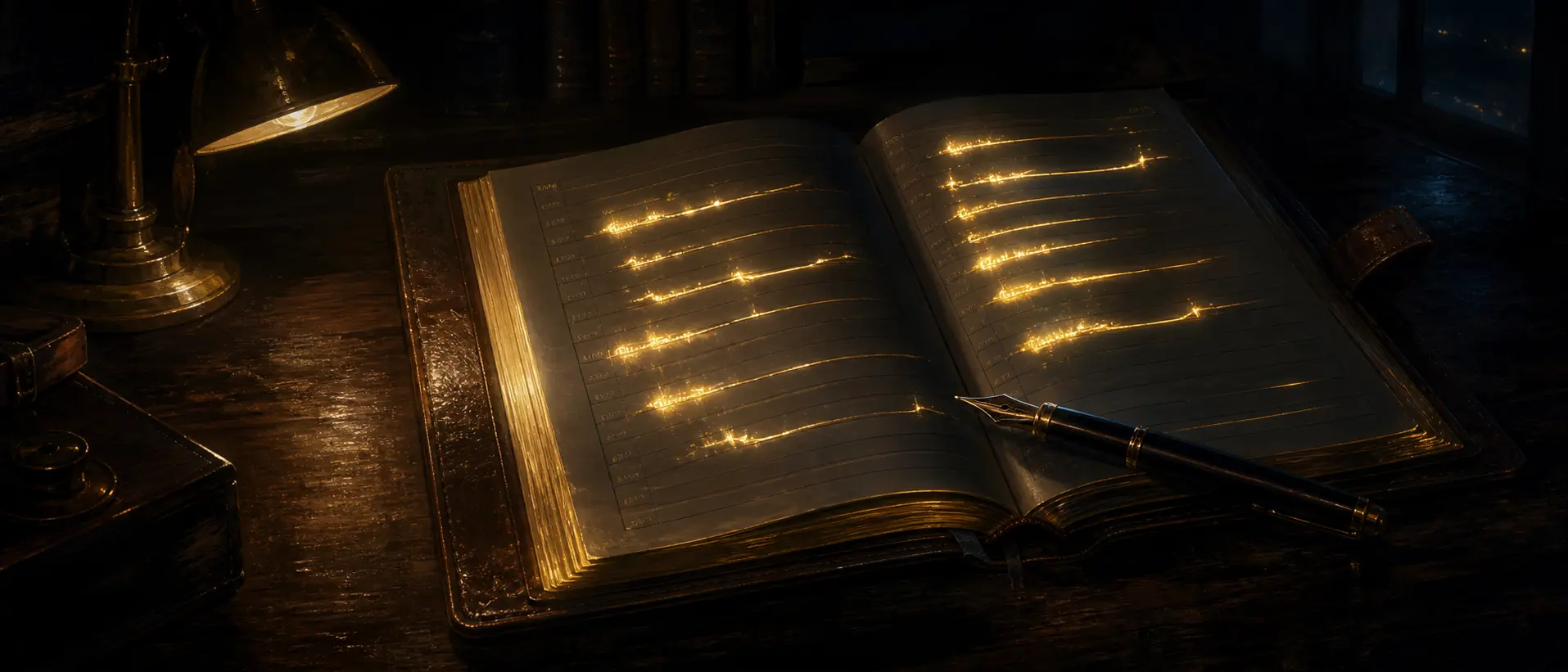 An open leather appointment ledger filling with luminous golden entries