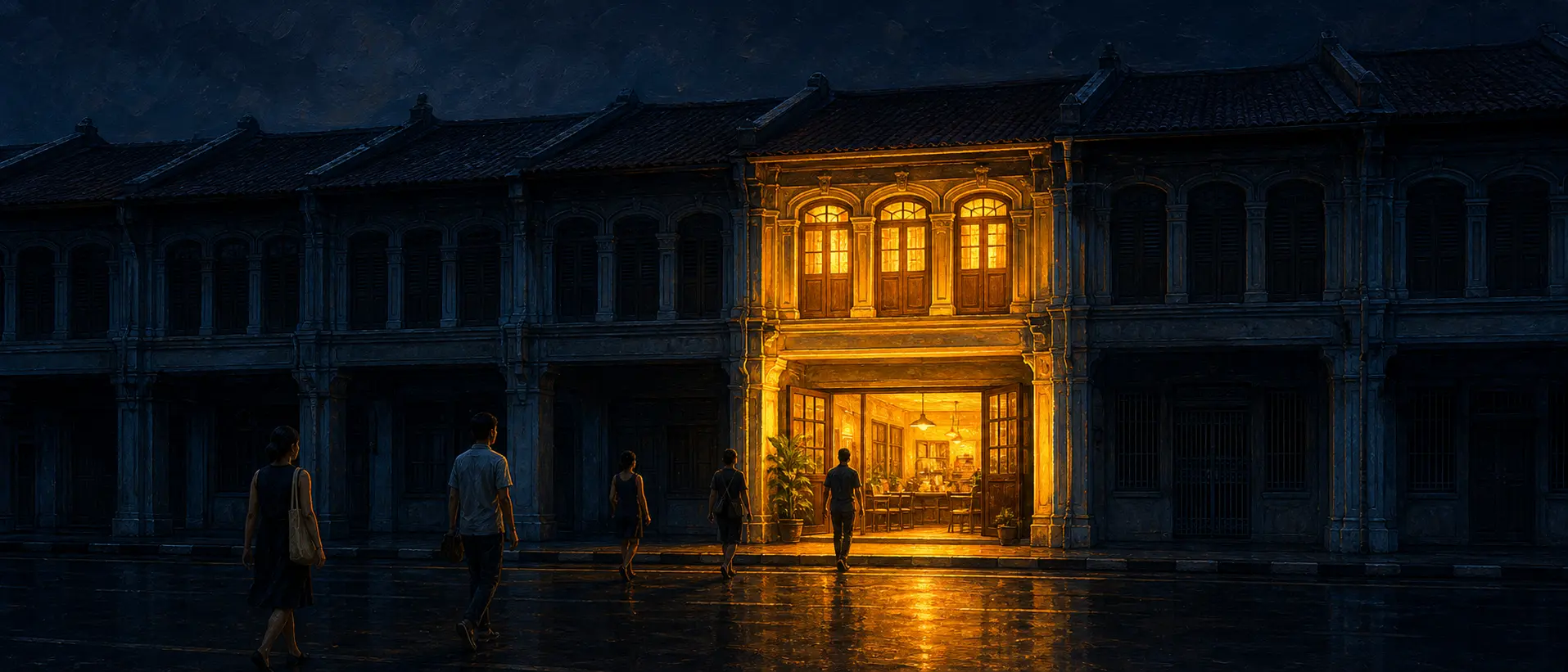 One lit shophouse glowing gold in a dark row of Singapore shophouses, with people crossing the street toward it