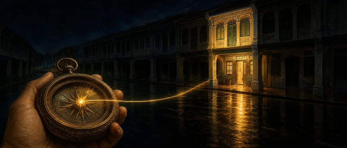 A hand-held brass compass whose glowing golden thread leads to the one lit shophouse in a dark row