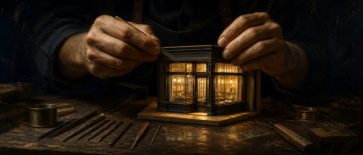 A craftsman's hands assembling a miniature glowing shopfront model