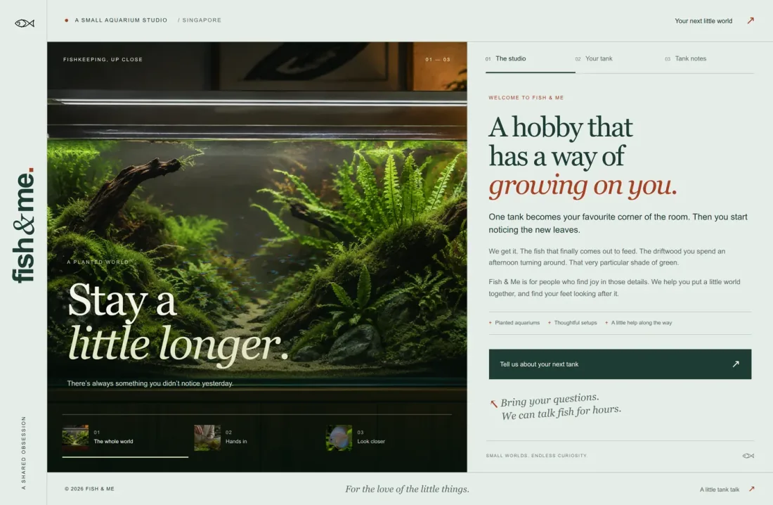 Aquarium studio design study, shown in a browser window
