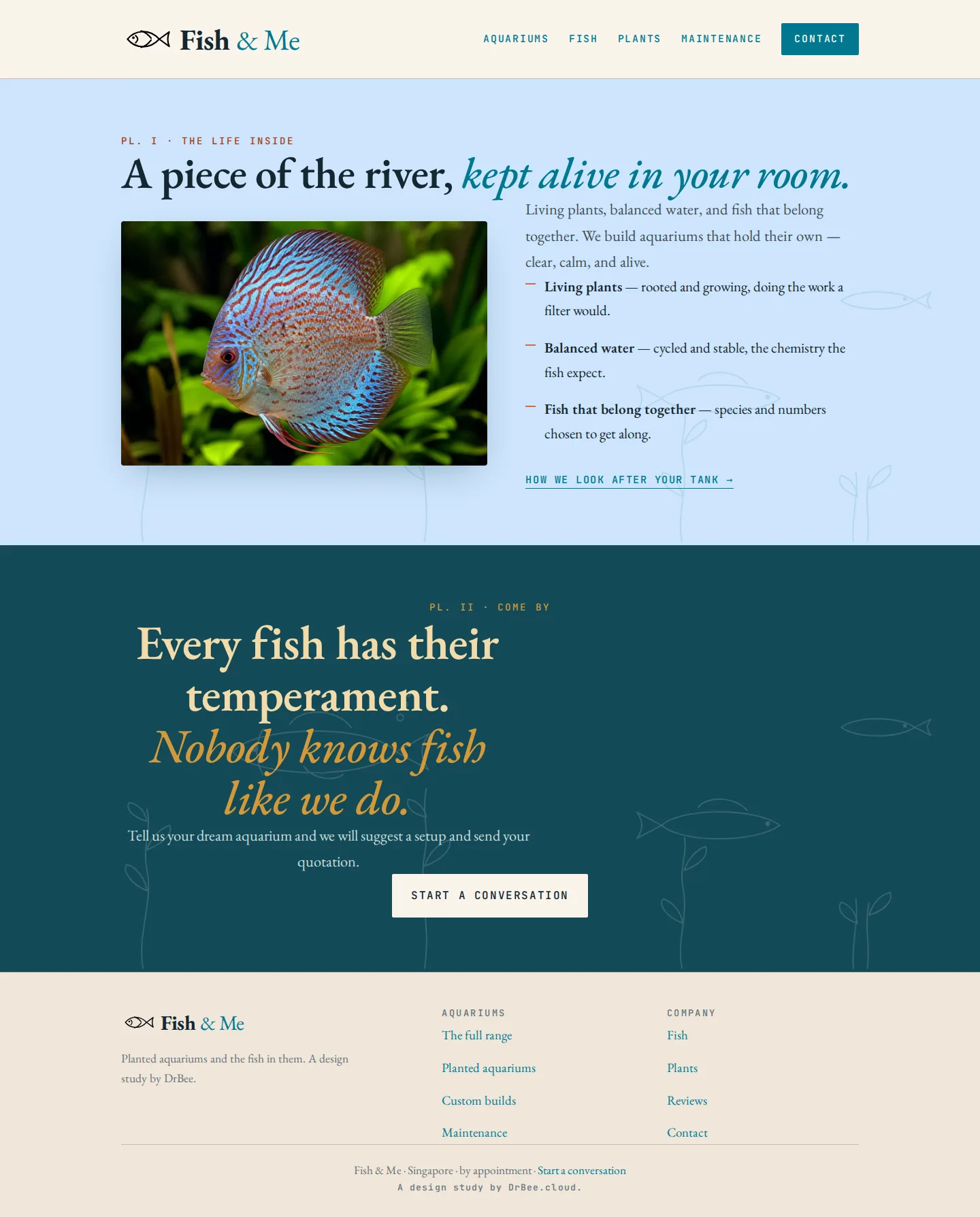Planted aquarium studio design study: a large headline over a quiet grid of fish on warm paper, ending in deep teal