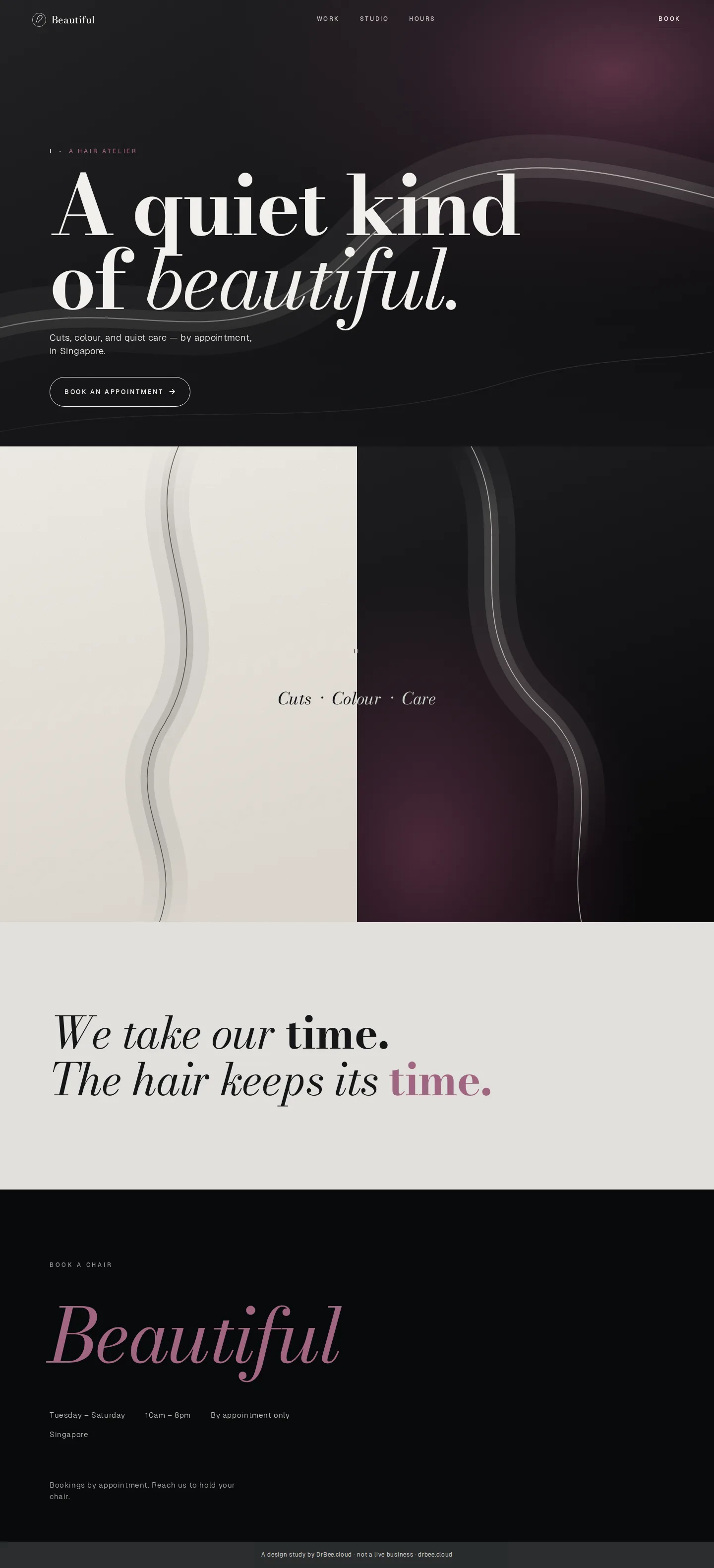Hair atelier design study: black and white with a touch of plum, large elegant lettering, one booking button