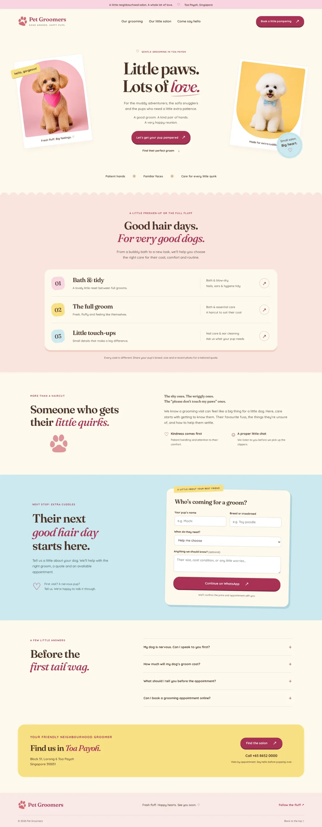 Pet grooming design study, shown in a browser window