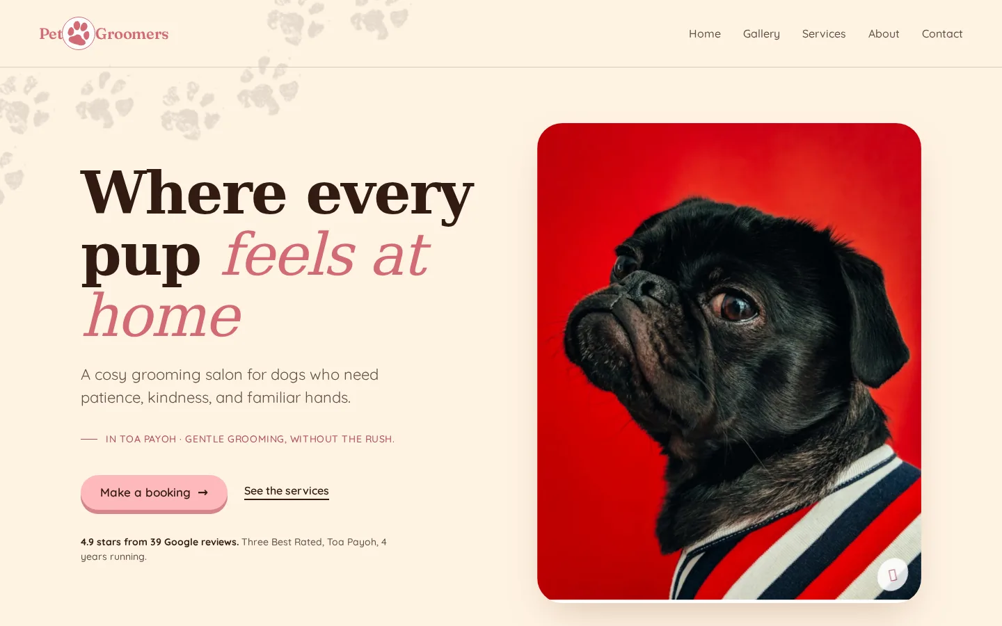 Pet grooming design study: a warm pet portrait on calm cream tones with a single booking button